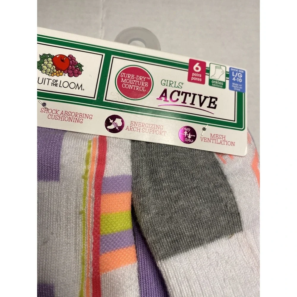 fruit of the loom girls active ankle socks‎ 6 pairs size large shoe 4-10